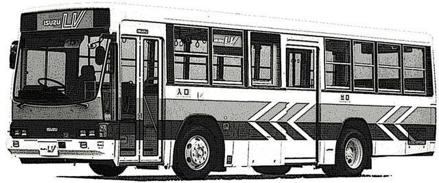 画像: 先々代のキュービック シリーズ(1984~2000年)。いすゞ初のスケルトン構造を採用し、低床化と大型窓を実現した先進的(現代的)デザインとなった。画像はH6/KC規制を、ビッグマイチェンで達成した1995年式ワンステップ型。前面が曲面2枚ガラスのタイプもある。
