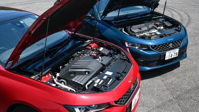 画像: ファストバックとステーションワゴンには、それぞれ2L直4ディーゼルターボ(BlueHDi・写真左)と1.6L直4ガソリンターボ(右)を設定。