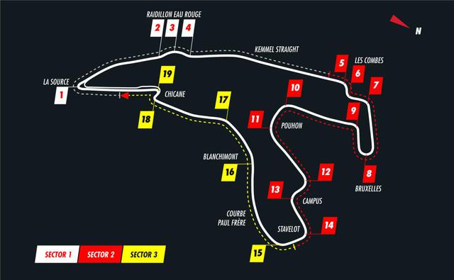 画像: ベルギーGPが開催されるスパ・フランコルシャンサーキットのコース図。全長約7km、高低差約100m、エンジン全開率約80%、オールージュでは縦G、プーオンでは横Gが待ち構える。