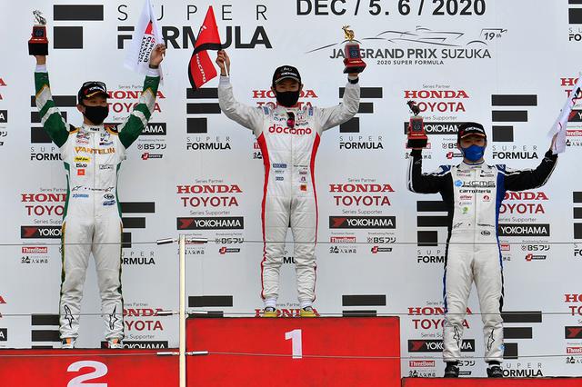 画像: 左より2位中嶋一貴 優勝山本尚貴 3位国本雄資