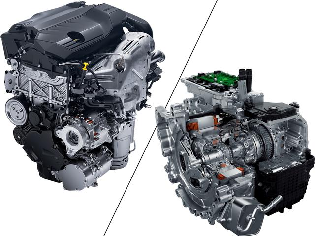 画像: PHEV仕様PureTech1.6L直4ターボガソリンエンジン(左)。PHEV専用8速オートマチックe-EAT8(右)は、トルクコンバーターの代わりに湿式多板クラッチを採用。