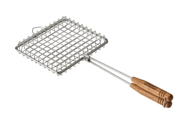 画像: ■グリルバスケットクッカー:3480円(税込) ・サイズ:480×200×40mm(使用時)/240×220×60mm(収納時) ・重量:約500g ・材質:網/ステンレス ハンドル/ステンレス・天然木