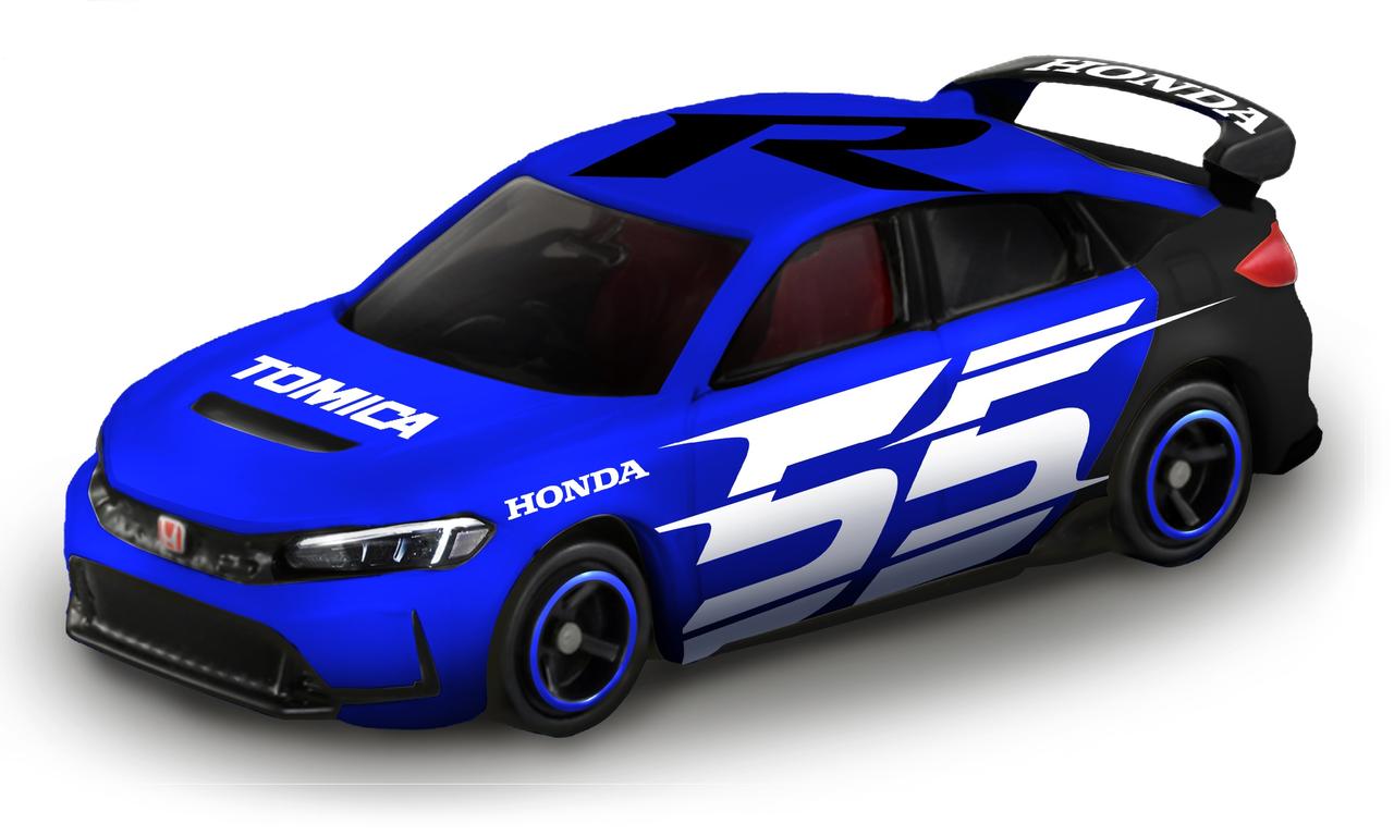 画像: ホンダ「シビック TYPE R」の55周年記念仕様。 デザインのポイントは風が吹き抜けた瞬間を切り取ったような躍動感ある「55」のオリジナルロゴ。このロゴはトミカの55周年を象徴すると共に、シビック TYPE Rのスピード感を大胆に表現している。 © TOMY