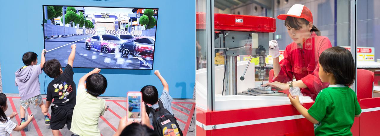 画像: 自身がデザインしたトミカが仮想空間でレースを繰り広げる「トミカ デザインレーシングNEO」(左)と、オリジナルのカスタマイズを行ったトミカを製作してもらえる「トミカ組み立て工場」(右)の様子。いずれも「トミカ博」定番の人気アトラクションだ。 (C) TOMY