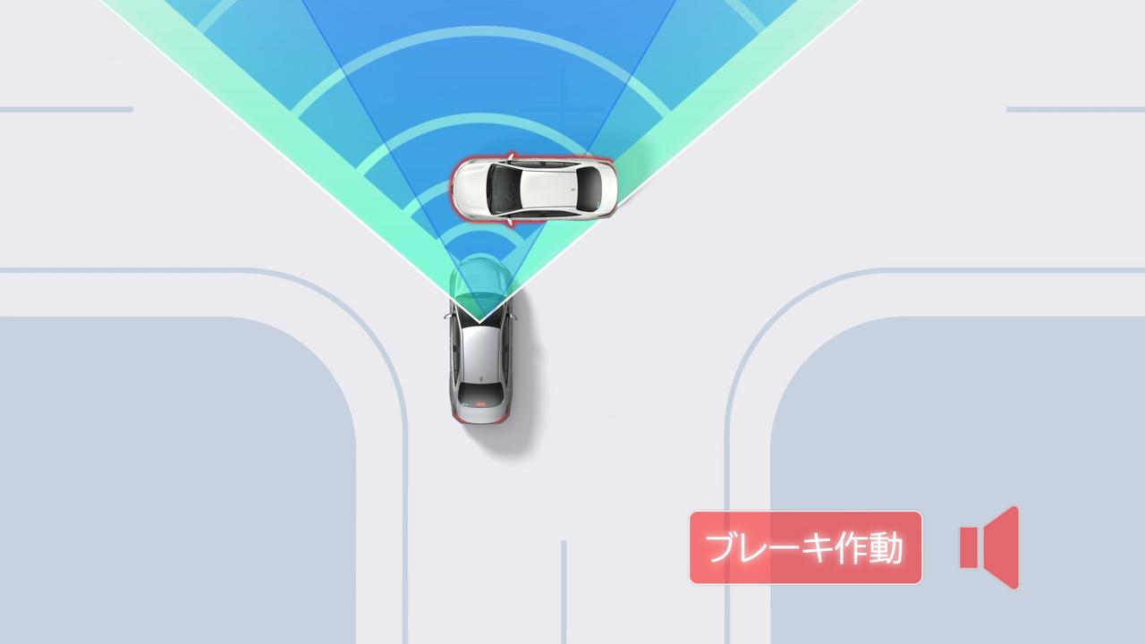 画像: 交差点出会い頭時の車両・自動二輪車検知機能の作動イメージ