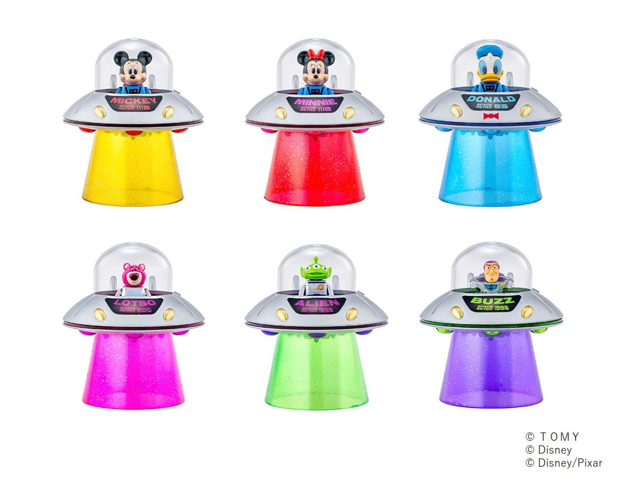 画像: 「TOMICA TUNES DISNEY CHARACTERS Vol.2 SPACE RETRO」のラインナップ。コンセプトに合わせ、キャラクター達は「宇宙服」に身を包んでいる。