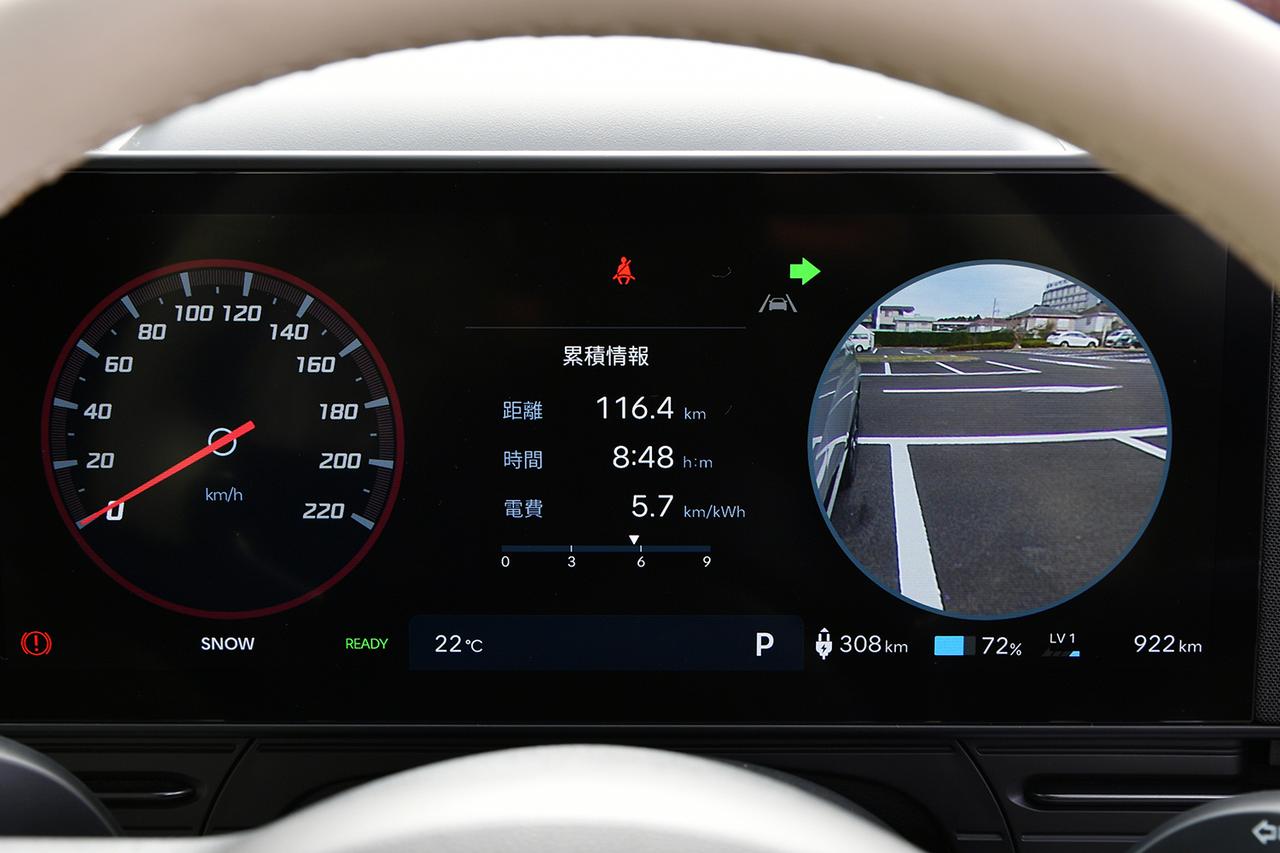 画像: ウインカーに連動し、メーター内に側方の死角を映し出してくれる後側方モニター。車格、グレードを問わずヒョンデ車の標準仕様。
