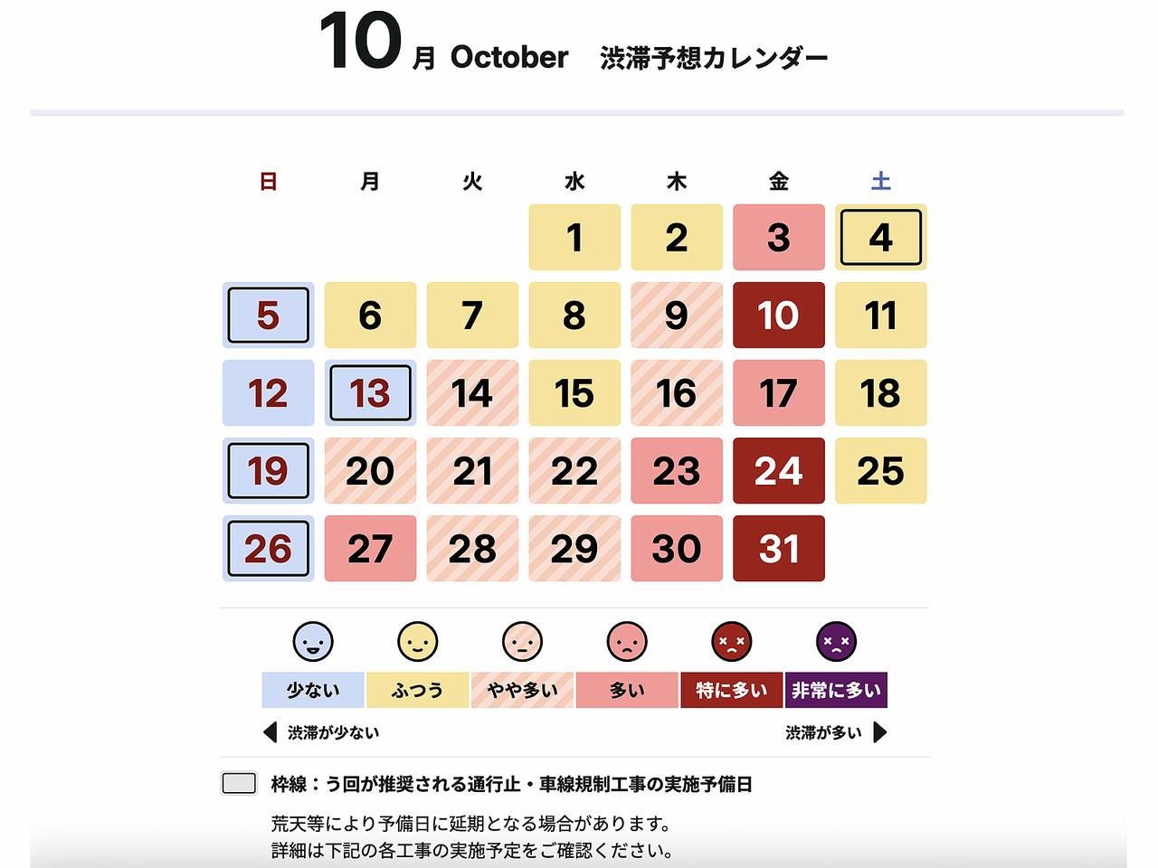 画像: 首都高速が発表した、2025年10月の渋滞予想カレンダー。