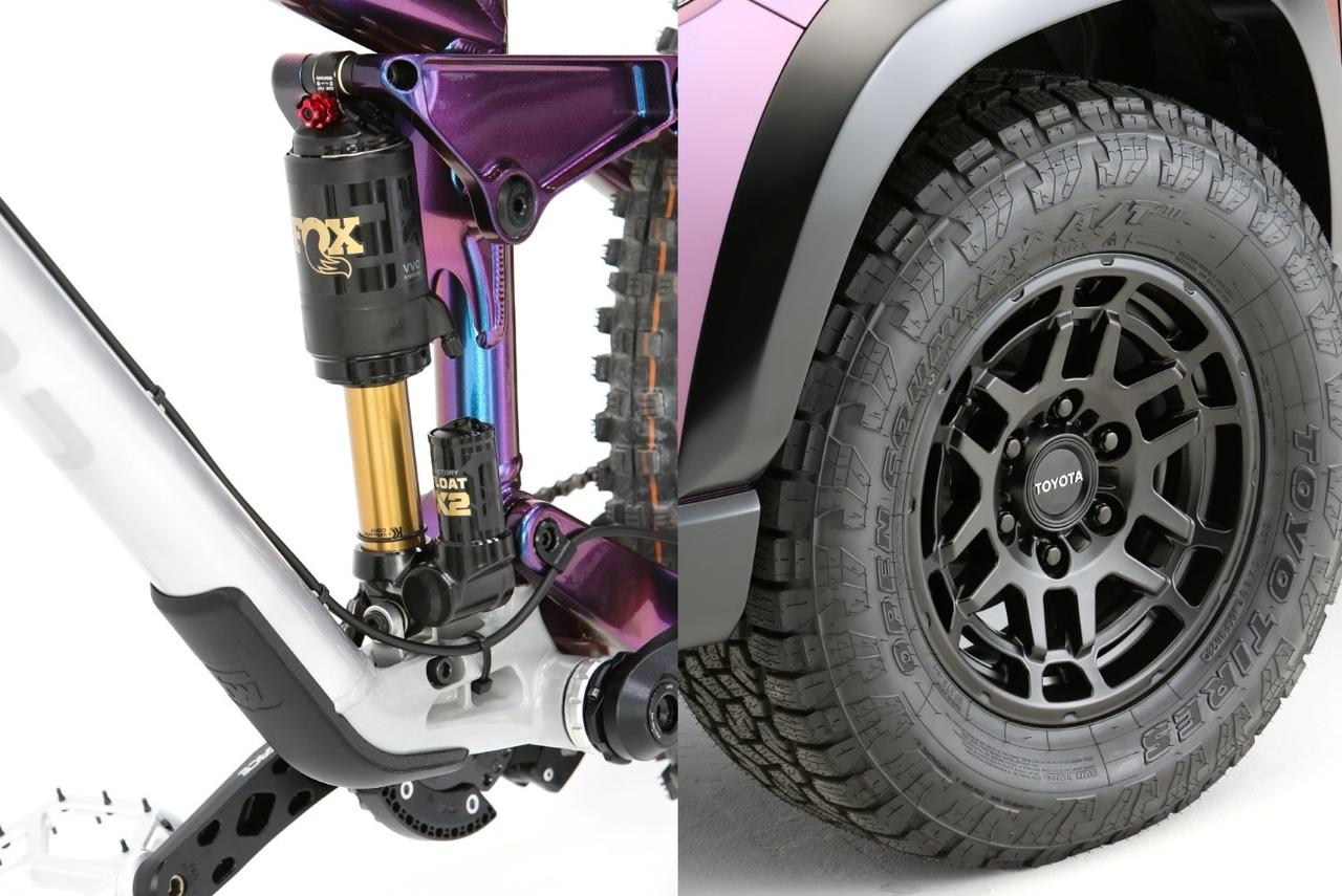 画像: 左)高性能サスペンションを備えた専用マウンテンバイクを装備。 右)悪路対応のオールテレーンタイヤとブラック仕上げの専用ホイールを装備。