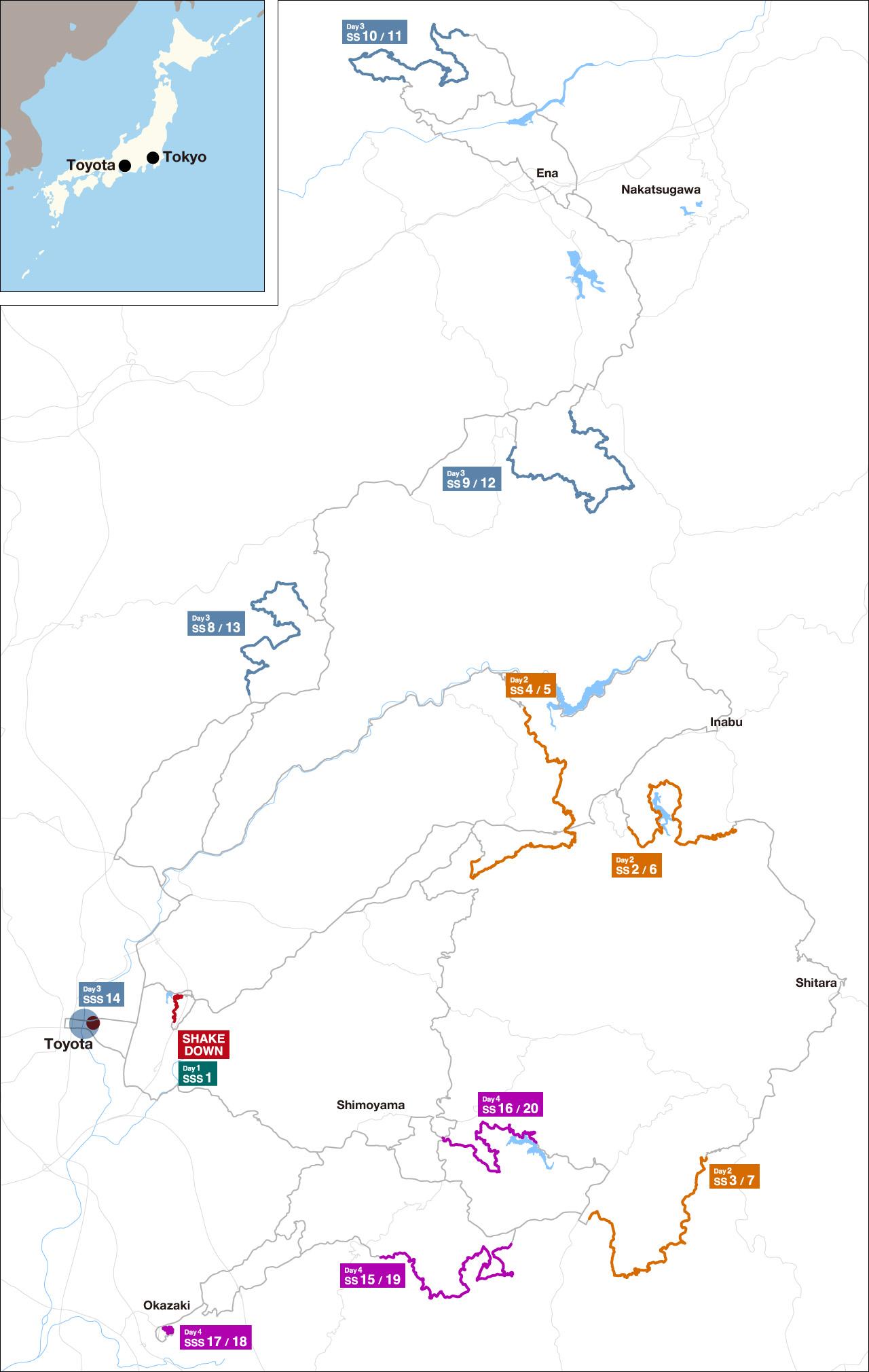 画像: ラリー・ジャパンのステージマップ。愛知県・岐阜県を舞台に戦いは繰り広げられる。。どのドライバーにも優勝の可能性があり、エキサイティングなラリーになると予想される。