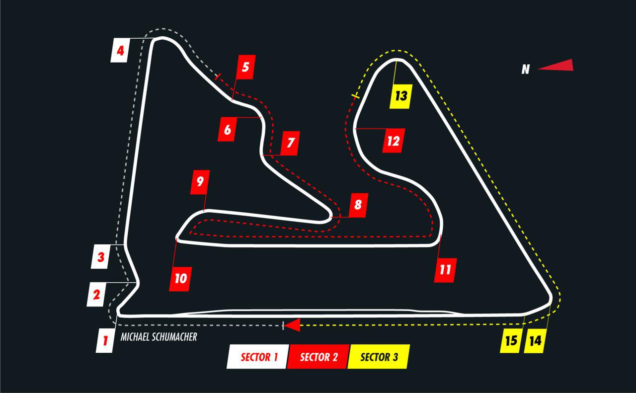 画像: バーレーン8時間の舞台となるバーレーン・インターナショナル・サーキットのコース図。全長5.412km、4本のストレートに15のコーナーが組み合わされたストップ＆ゴー型レイアウト。高低差が少なくランオフエリアが広く安全性が高いため、激しいバトルが繰り広げられる。また、路面のグリップレベルが高く、タイヤ摩耗が激しいことで知られる。