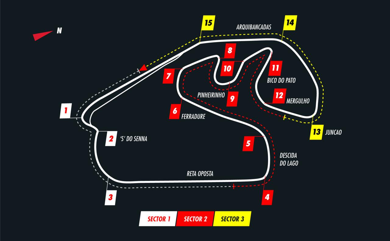 画像: インテルラゴス・サーキットのコース図。全長4309m、反時計回りのオーバル風コースを思わせる独特のレイアウト。インフィールドはリズミカルなコーナーが連続するセクションとなる。