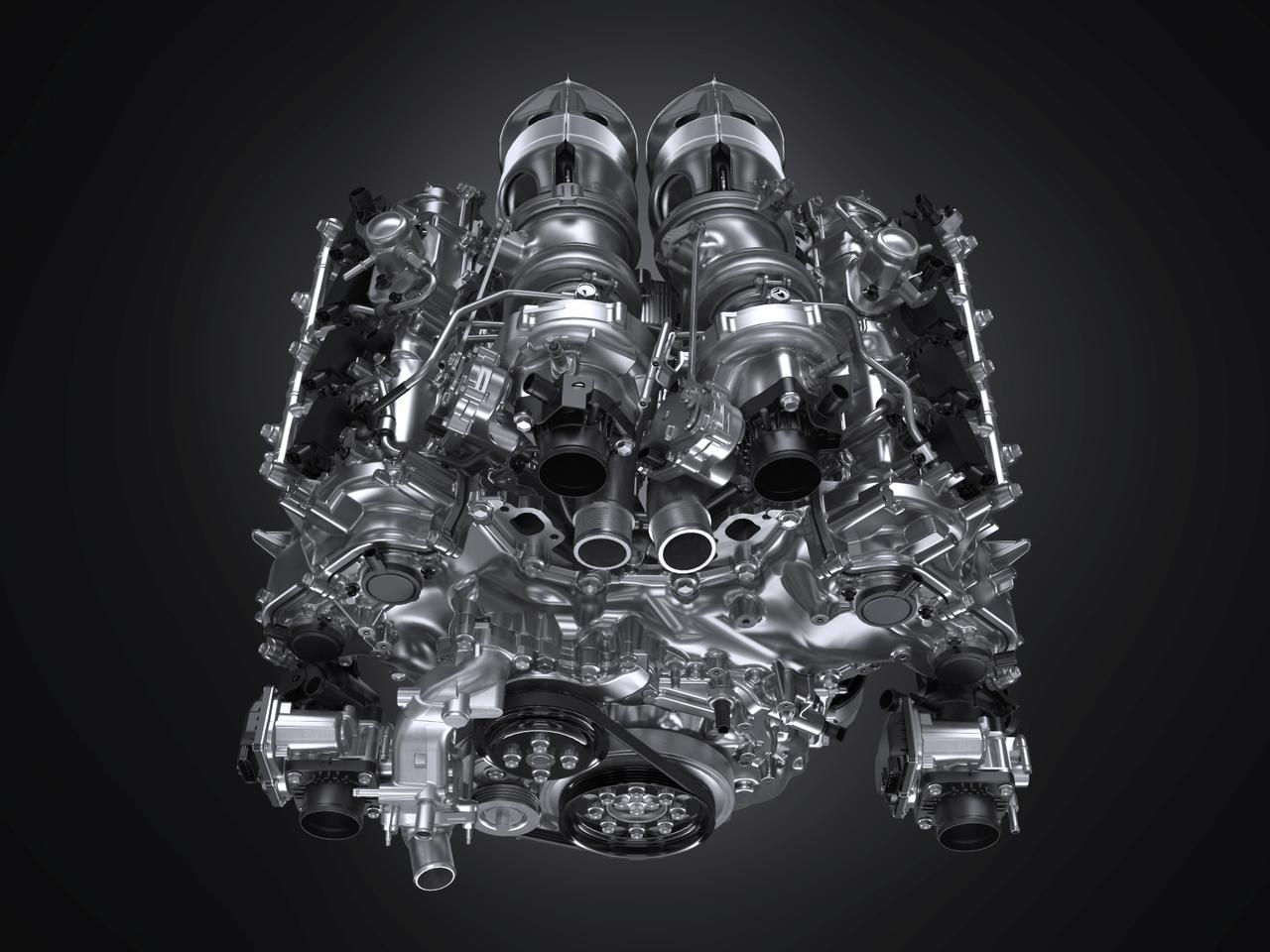 画像: ホットVレイアウトのターボ位置や、補機類の緻密な配置が見て取れる4L V8ツインターボエンジン単体写真。