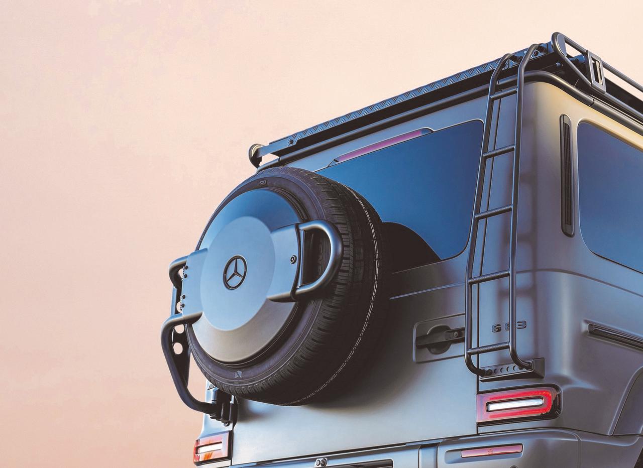 画像: リアパネルからルーフに伸びるラダーと、スペアタイヤの中央部分のみをホールドするタイヤホルダー。