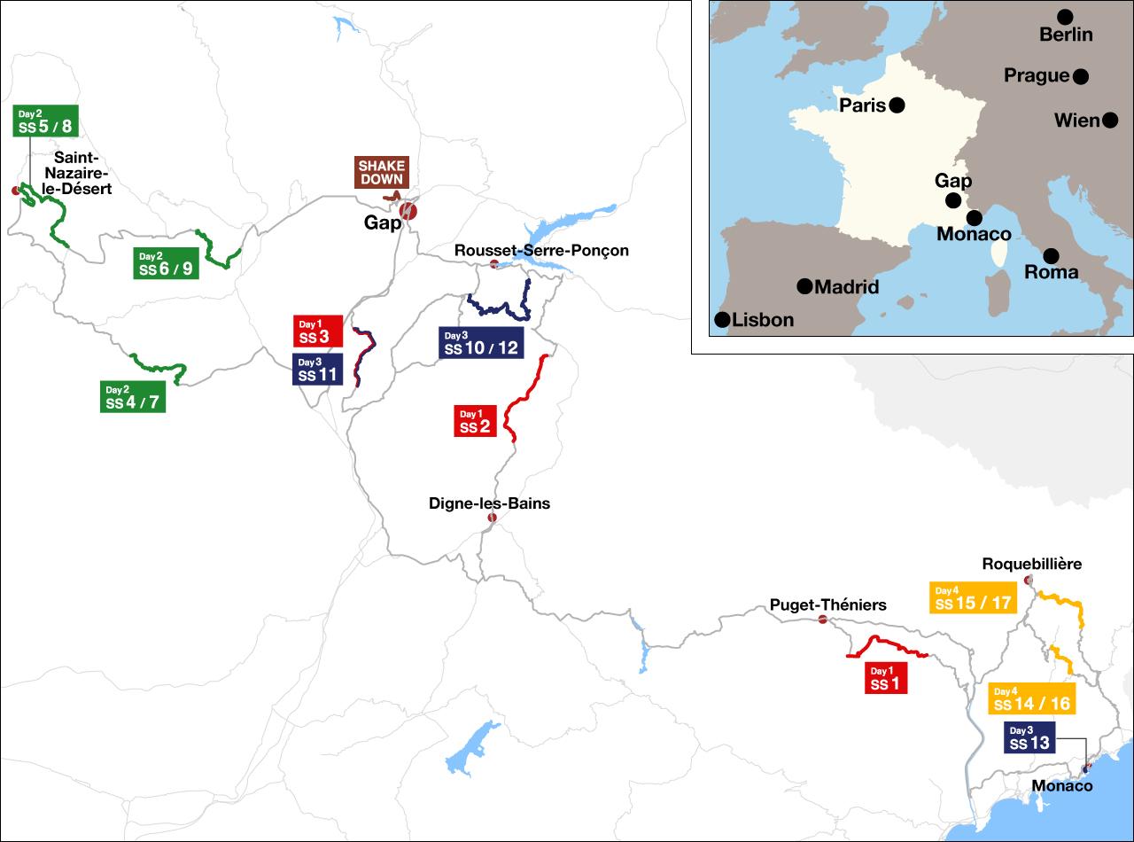 画像: 2026年ラリー・モンテカルロのステージマップ。厳寒期のフレンチアルプスの山岳路が舞台となる。