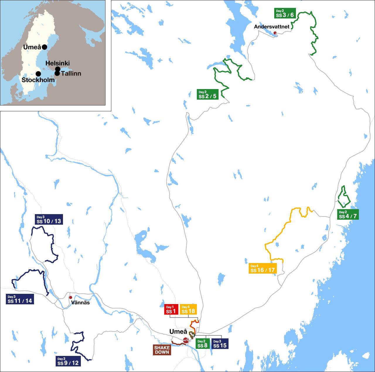 画像: ラリー・スウェーデンのステージマップ。ラリーはスウェーデン北部最大の都市であるウーメオーを起点に行われる。
