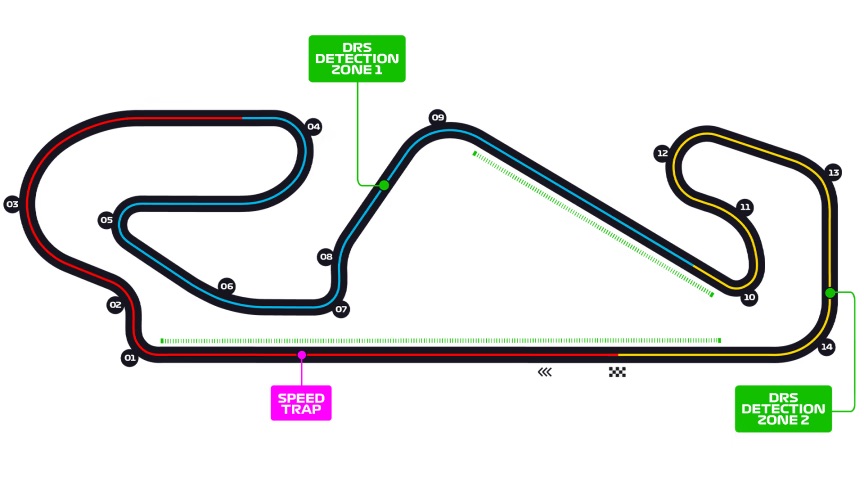 画像: カタロニア・サーキットのコースレイアウト。4.657kmのコースに、ありとあらゆるタイプの14のコーナー(右コーナー8つ、左コーナー6つ)が配される。