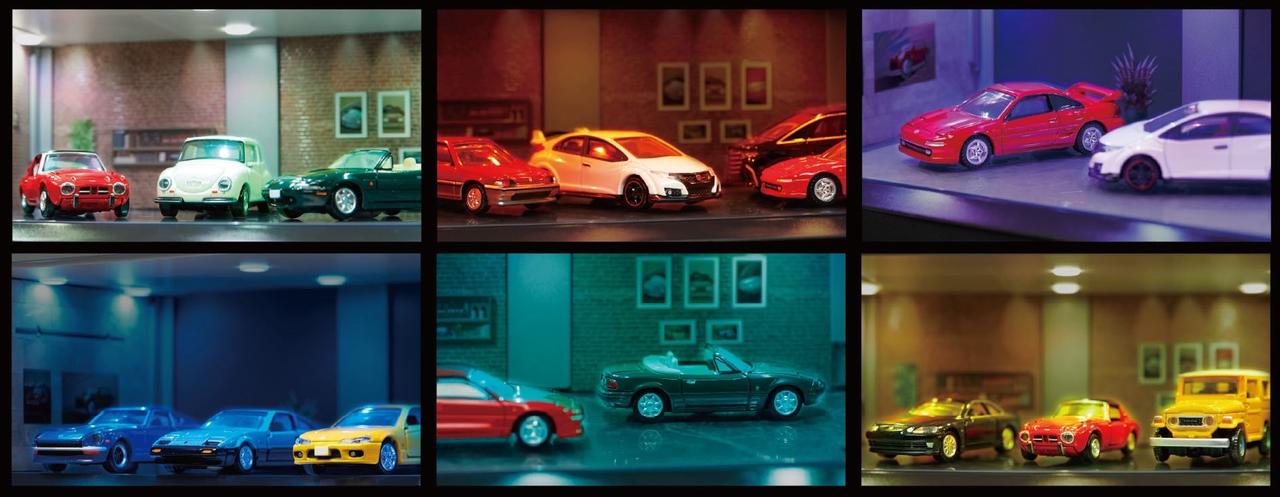 画像: 前作ではホワイトのみであったガレージ照明のカラーリングは、5色を追加して計6色へと拡充された。コントローラー中央のボタンを押すことで、順次カラーを切り替えることができる。バリエーションは、ホワイト（画像左上）、オレンジ（画像上中央）、パープル（画像右上）、ブルー（画像左下）、エメラルドグリーン（画像下中央）、イエロー（画像右下）の6種類だ。 © ＴＯＭＹ