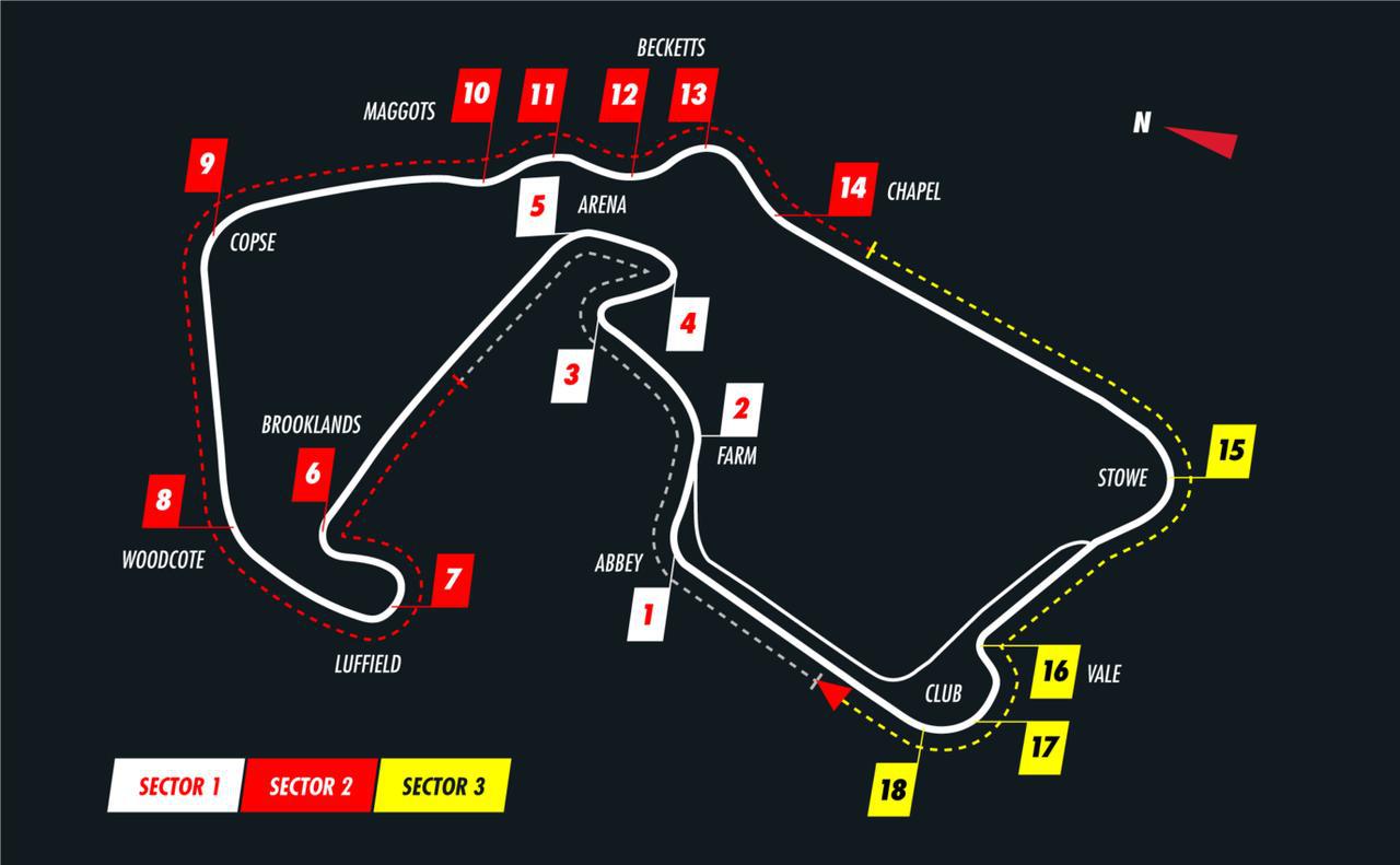 画像: シルバーストン・サーキットのコース図。全長5.891km。5本のストレートと高速セクションが組み合わされる。