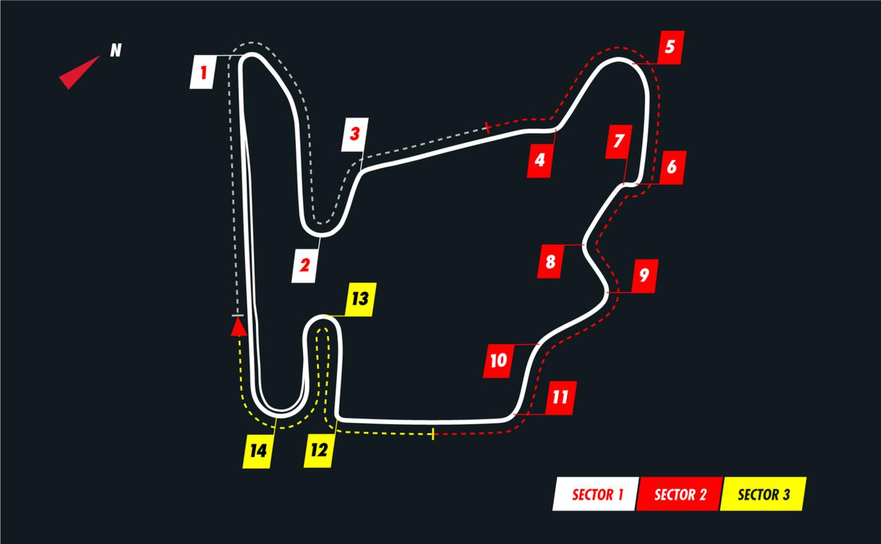 画像: ハンガロリンクのコース図。全長4.381kmに14のコーナーが配されたトリッキーなコース設定。