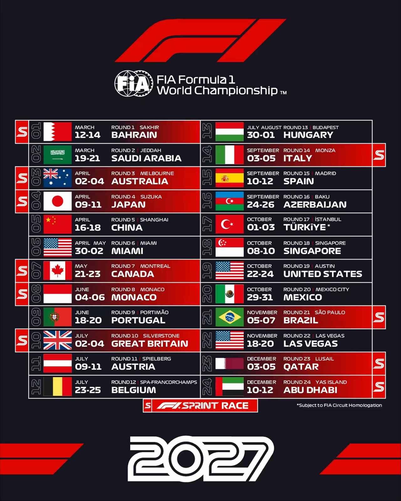 画像: F1世界選手権 2027年暫定カレンダー(2026年9月16日発表)
