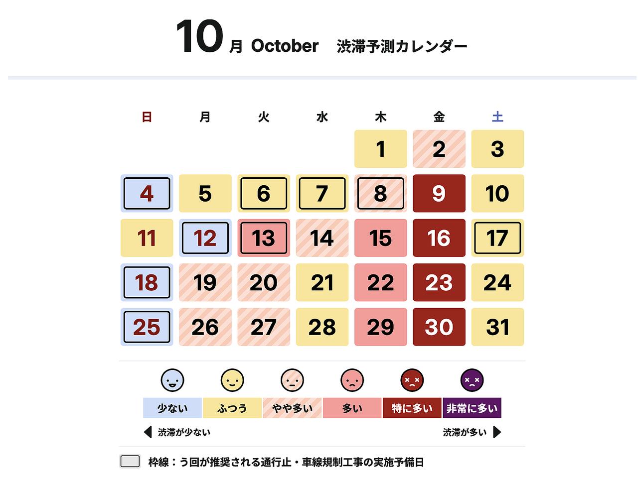 画像: 首都高速(株)が発表した、2026年10月の渋滞予測カレンダー。