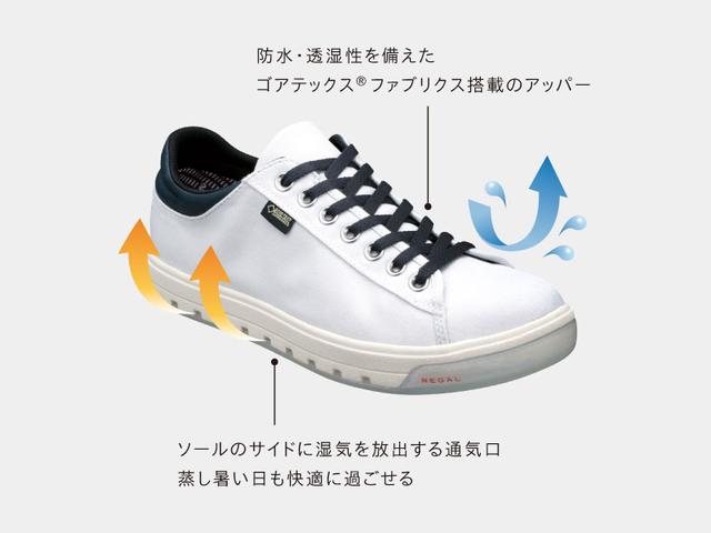 画像: サイズ:23.5-27.0cm 色展開:グリーンパターン、ホワイト×レッド、ブラック、ホワイト 価格:¥17,280(include tax) www.regalshoes.jp