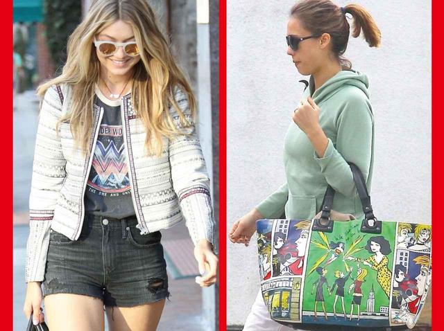 画像: (左):トップモデルのジジ・ハディッドは、ワンダーウーマンのTシャツを、(右)女優のジェシカ・アルバはバッグをプライベートでも愛用して
