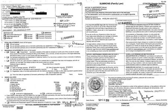 画像: アンジェリーナが裁判所に提出した離婚申請書類の一部。