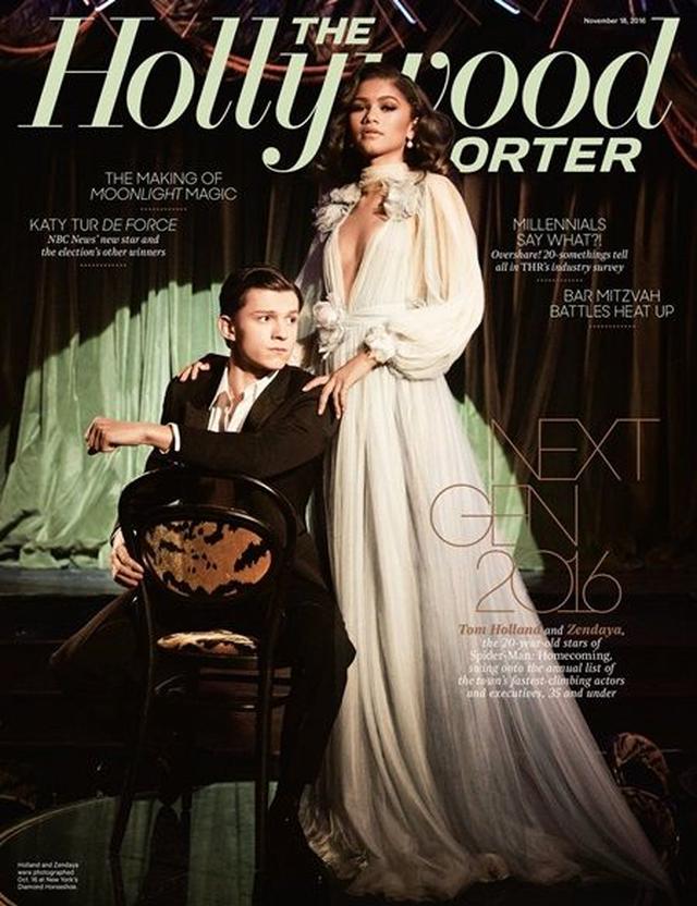 画像: The Hollywood Reporterの表紙。(左)スパイダーマン役のトム・ホランド、(右)ゼンデイヤ。