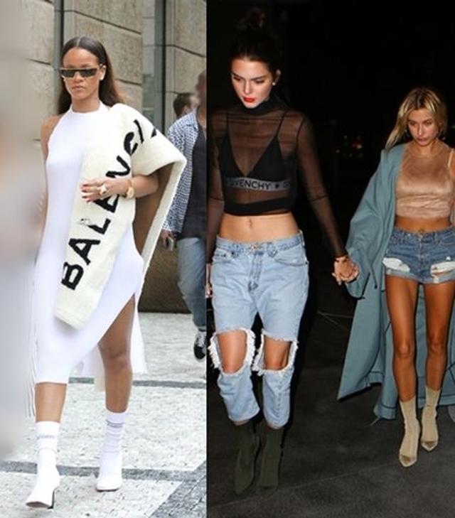 画像: 左からリアーナはVetementsのもの、ケンダルとヘイリー・ボールドウィンは、Yeezyのソックスブーツを。