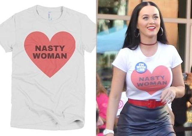 画像: ヒラリー氏を支持しているシンガーのケイティ・ペリーは、Google Ghost(グーグル・ゴースト)のNasty WomanTシャツを着用。