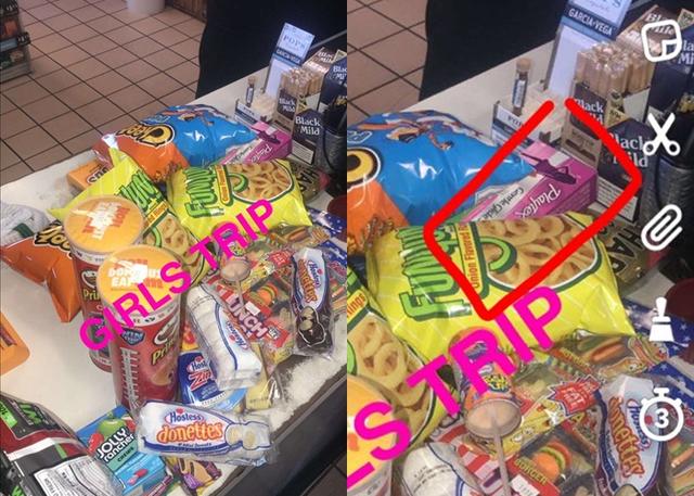 画像: たくさんのスナック菓子に混じってタンポンの箱がレジカウンターに置かれている。©Kylie Jenner / Snapchat