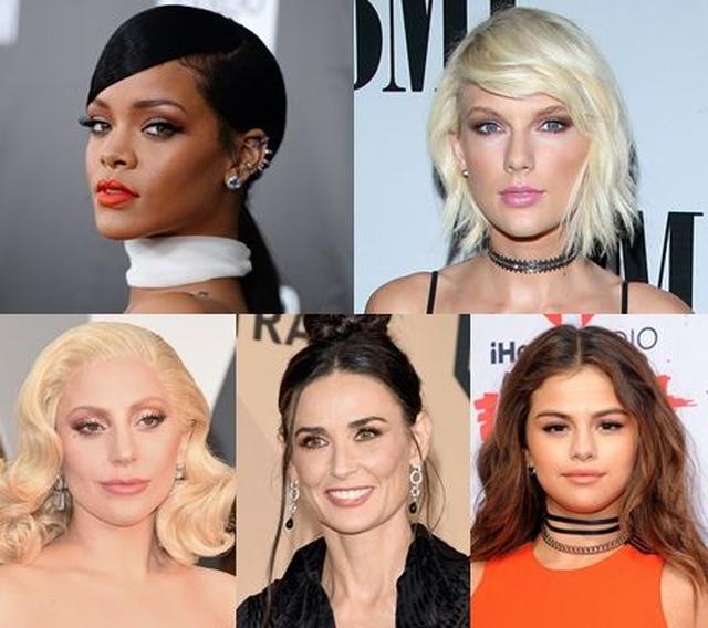 画像: 左上から:シンガーのリアーナ、テイラー、ガガ、女優のデミ、セレーナ。