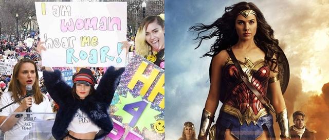 画像: 左:女性のマーチには一般人に混ざり、女優のナタリー・ポートマンやヴァネッサ・ハジェンズ、シンガーのマイリー・サイラスらも参加。右:映画『ワンダーウーマン』は女性監督による力強い女性の描写が評判に。主演のガル・ガドットも一躍ブレイクを果たした。
