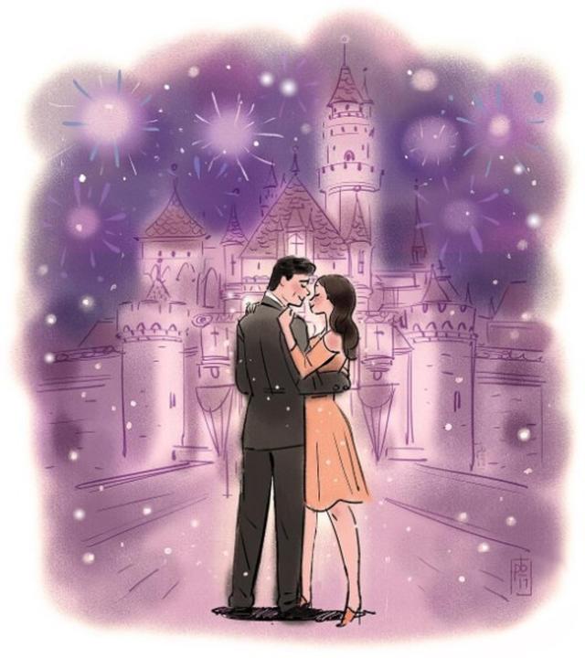画像: シンデレラ城らしきお城を背景にした2人のイラストと、おとぎ話のフレーズを文字ってプロポーズが成功したことを発表。©johnstamos/Instagram