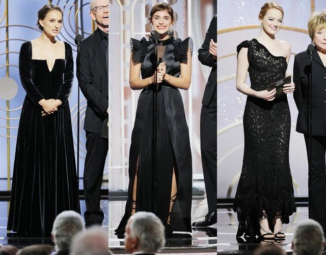 画像: 左から:ゴールデン・グローブ賞の舞台にプレゼンターとして登場したナタリー・ポートマン、エマ・ワトソン、エマ・ストーン。