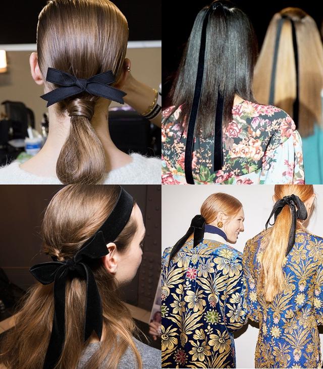 画像: 左上から時計回りに:Rochas,Emilia Wickstead, Tory Burch, Tempery Londonの2017年秋冬コレクションでのリボンを使ったヘアアレンジ。