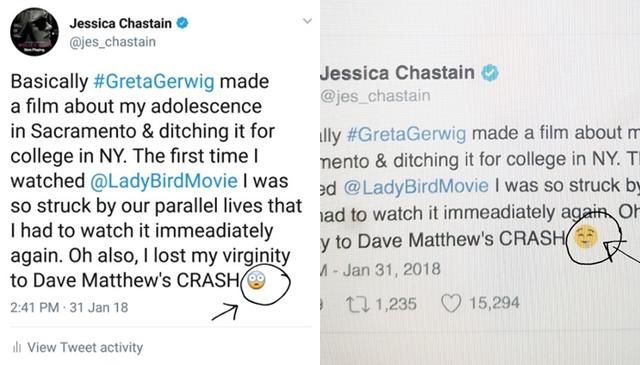 画像: ジェシカが公開した比較画像。©Jessica Chastain/ Twitter