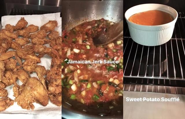 画像: 左から:ジャマイカ風フライドチキン、チキンにかけるサルサ風ソース、サツマイモのスフレ。©Kim Kardashian/ Snapchat
