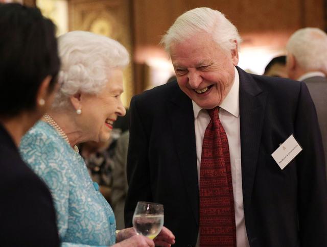 画像: バッキンガム宮殿で談笑する女王とアッテンボロー氏。共に1926年生まれの91歳。