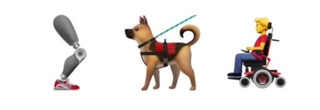 画像: (左から)義足、ベストを着けたサービス犬、電気車椅子に乗った男性。©Twitter/NyleDiMarco