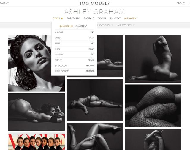 画像: IMGモデルズの公式ページで公開されているアシュリーのボディサイズ。 ©IMG MODELS