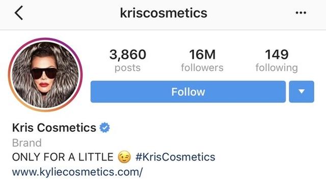 画像: 「カイリー・コスメティクス(Kylie Cosmetics)」のインスタグラムアカウントをのぞいてみると、名前が「クリス・コスメティクス(Kris Cosmetics)」に変わっていた。