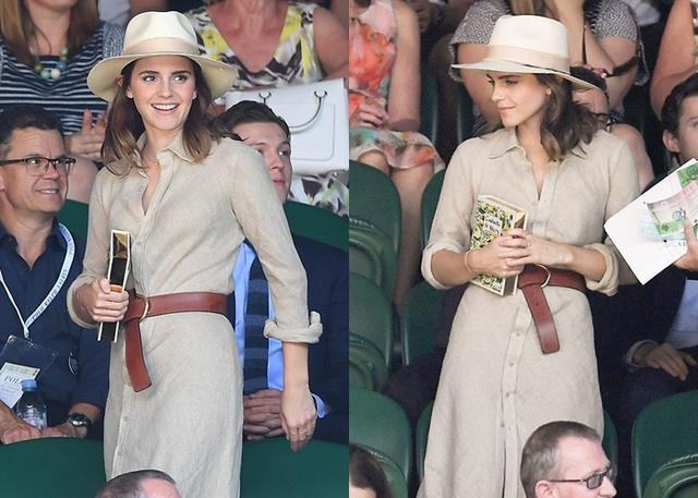 画像: ラルフ・ローレン(Ralph Lauren)のリネン素材のシャツワンピにパナマハットを被り、オリンピア・ル・タン(Olympia Le Tan)のブック型クラッチを合わせた上品リゾートな着こなしで登場したエマ。