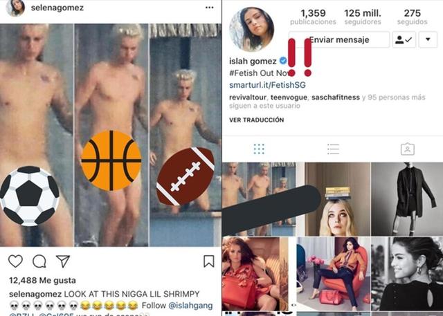 画像: ハッキングされたセレーナのインスタグラムに投稿されたのは、2015年のボラボラ島でのバケーション中に撮影されたジャスティンの全裸パパラッチ写真。実際に投稿された写真では、局部が完全に見えており、「見てみろよ、この小さなエビちゃん」という卑劣なメッセージも添えられていた。©Twitter/Maria_Nicoll3