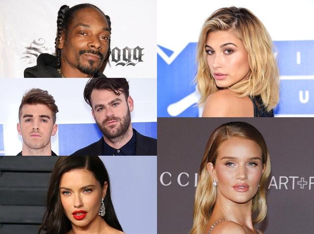 画像: 左から時計回りに、スヌープ・ドッグ、ヘイリー・ボールドウィン、ロージー・ハンティントン・ホワイトリー、アドリアナ・リマ、ザ・チェインスモーカーズ。