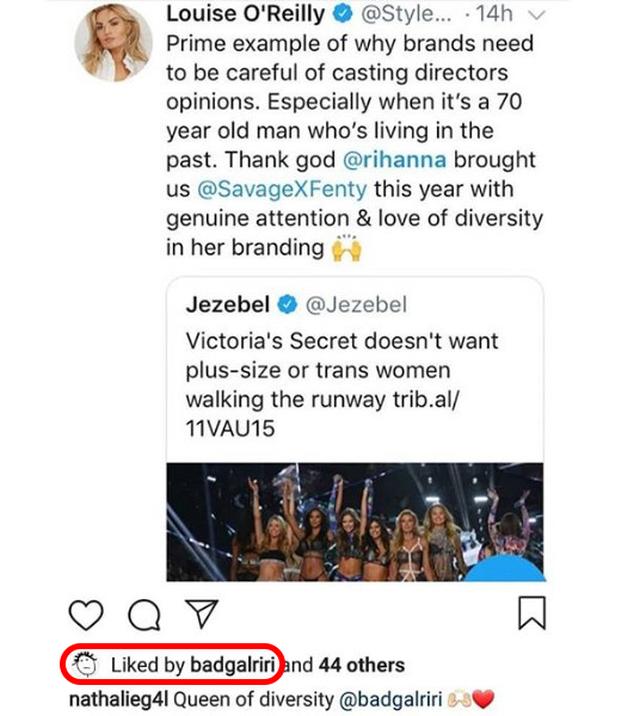 画像: リアーナの公式アカウントがルイーズの投稿に「いいね」をした証拠のスクリーンショット。 www.instagram.com