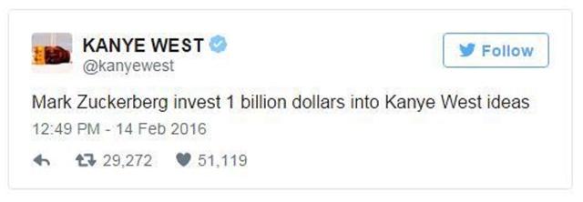 画像: マークに資金提供を呼びかける2016年のカニエのツイート。©Kanye West/ Twitter