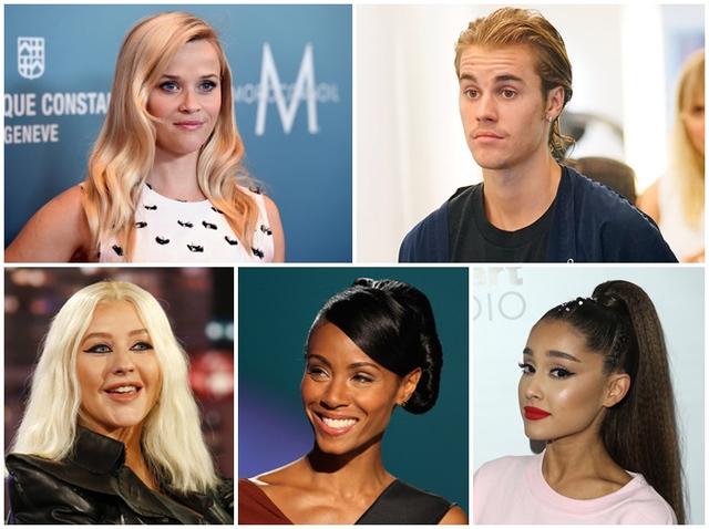 画像: 左上から時計回りに、リース・ウィザースプーン、ジャスティン・ビーバー、アリアナ・グランデ、ジェイダ・ピンケット・スミス、クリスティーナ・アギレラ。